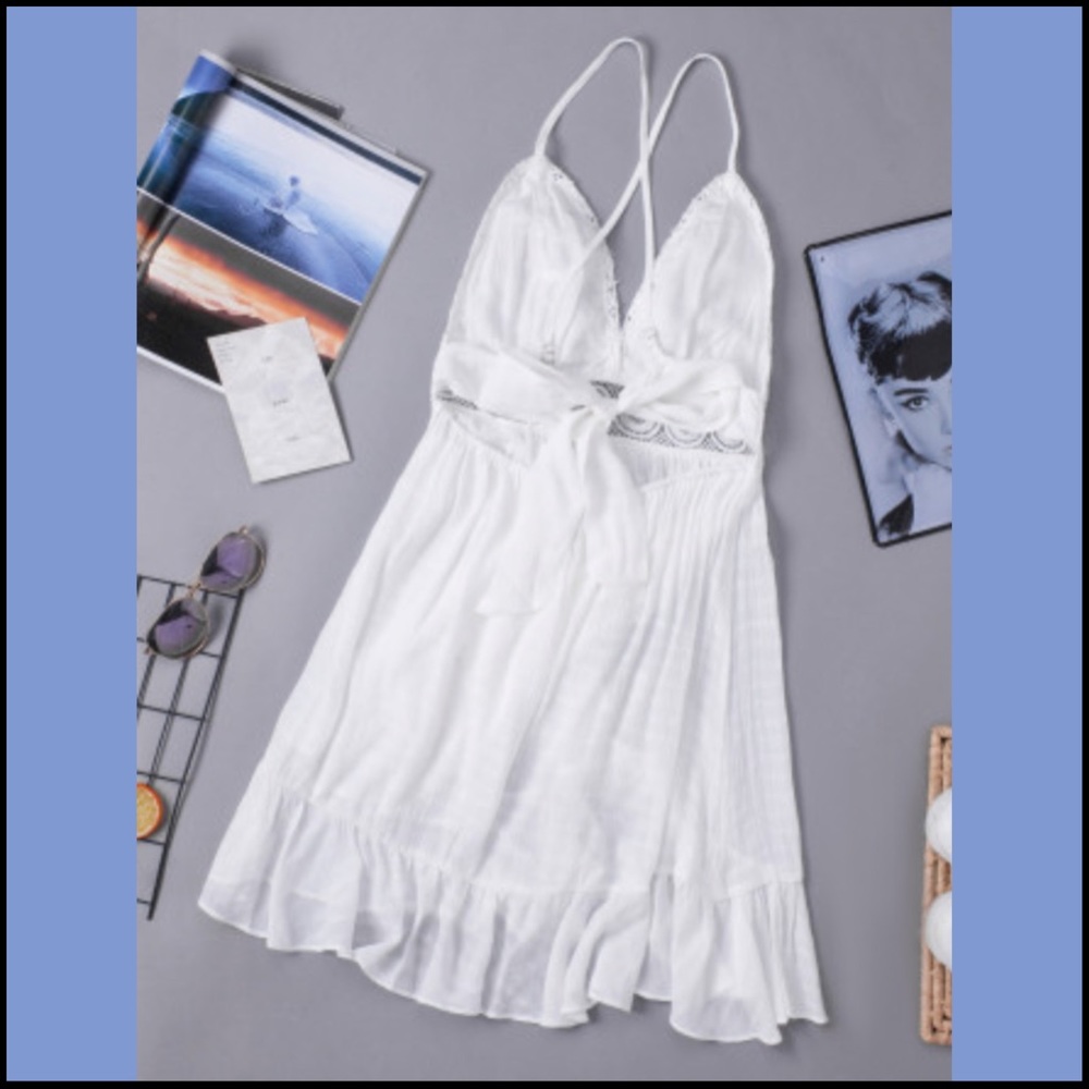 WHITE LACE SPLICING CRISS CROSS LACE-UP V NECK CAMI DRESS Sz M - Picture 10 of 16